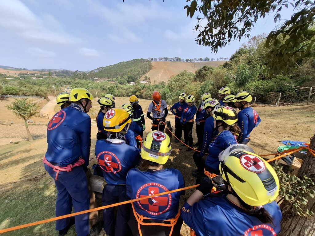 Foto: Equipe de alunos da Central de Cursos GRAD em treinamento prático de resgate animal, utilizando equipamentos de segurança em ambiente ao ar livre.