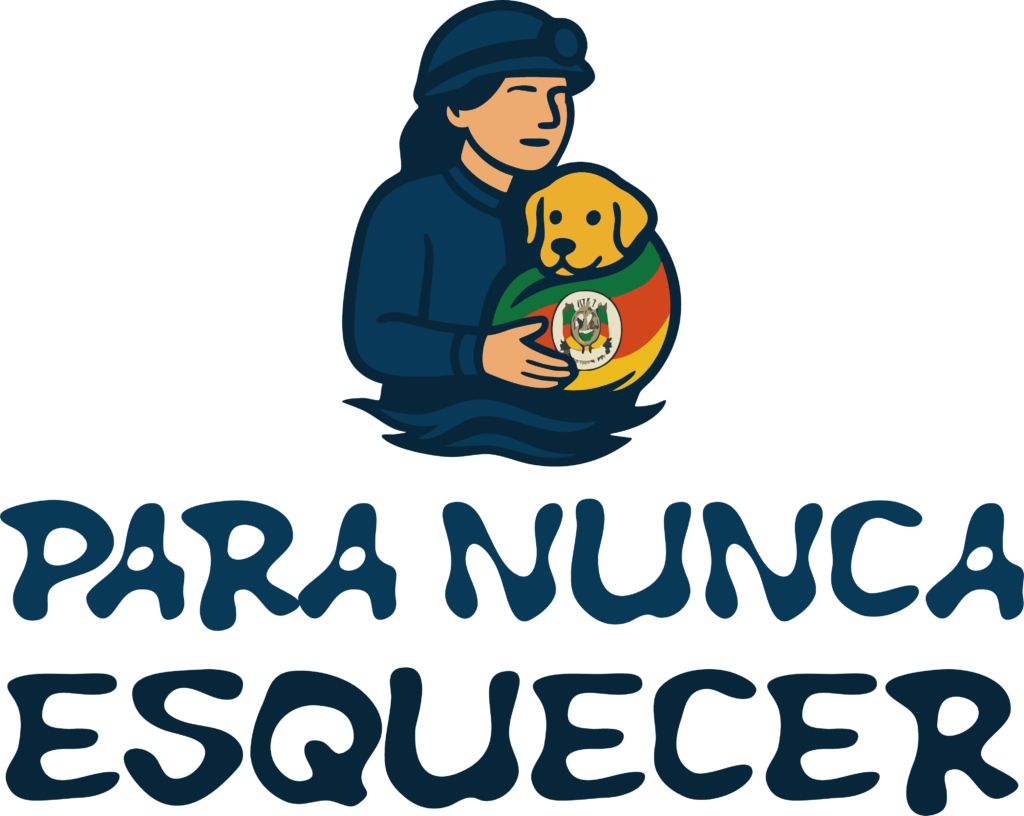 Ilustração de um socorrista resgatando um cão durante a enchente no Rio Grande do Sul. O cão está envolto em uma bandeira do Rio Grande do Sul. A imagem é parte da campanha #ParaNuncaEsquecer, destacando o impacto das enchentes e a importância do resgate e preservação da vida animal.