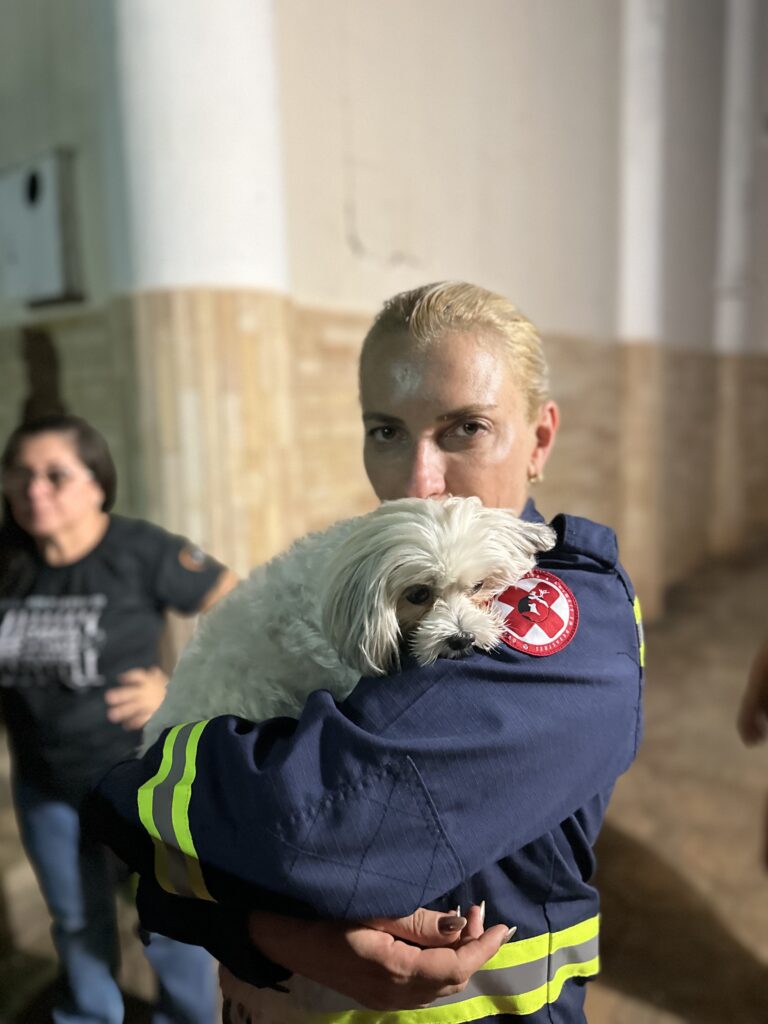 IMG_0728 Carla Sassi segura um cachorro resgatado em seu colo durante operação realizada pelo GRAD nas enchentes de Picos